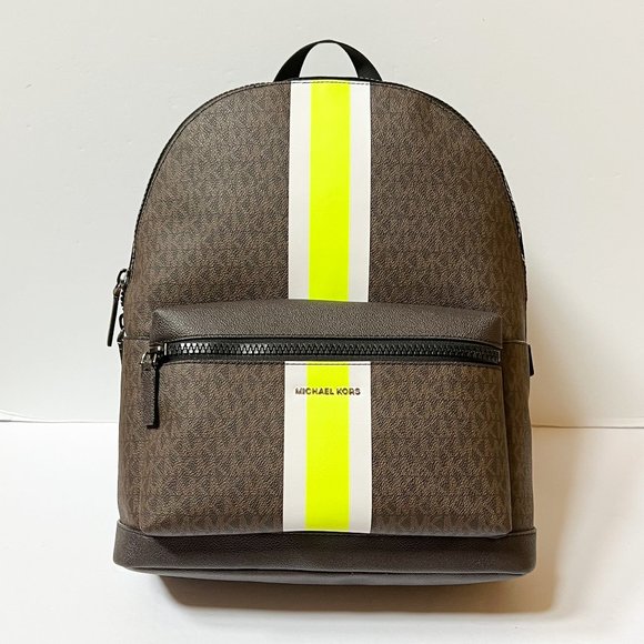 Michael Kors Cooper Large Backpack Center Stripe MK Brown Neon - Picture 1 of 11